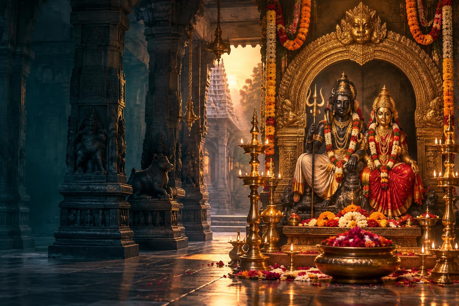 Devotional artwork of a Shiva and Parvathi shrine with traditional lamps